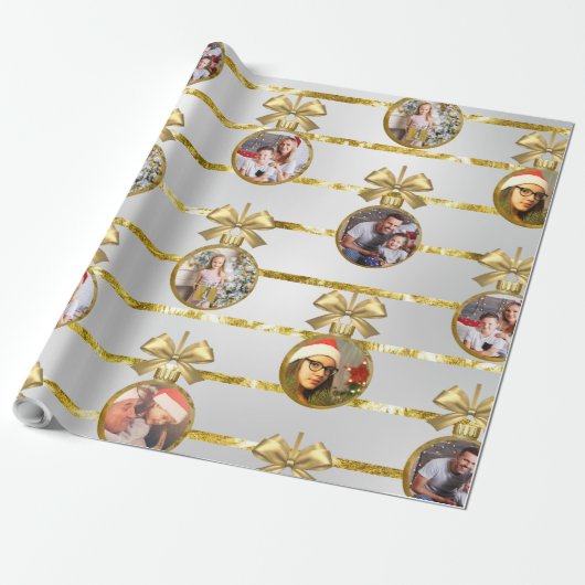 Kerst 5 Foto Gouden Ornamenten & Strepen Patroon Cadeaupapier (Uitgerold)