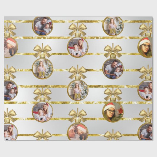 Kerst 5 Foto Gouden Ornamenten & Strepen Patroon Cadeaupapier (Vlak)