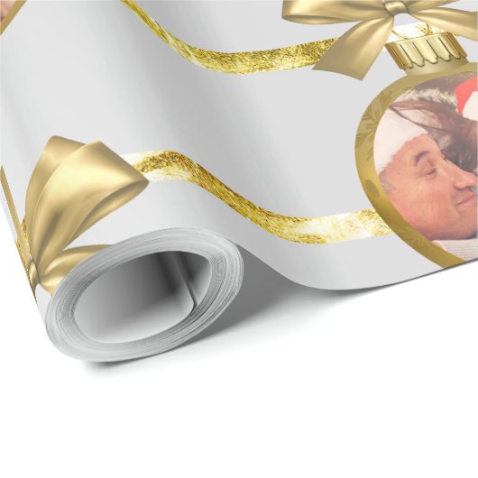 Kerst 5 Foto Gouden Ornamenten & Strepen Patroon Cadeaupapier (Rol Hoek)