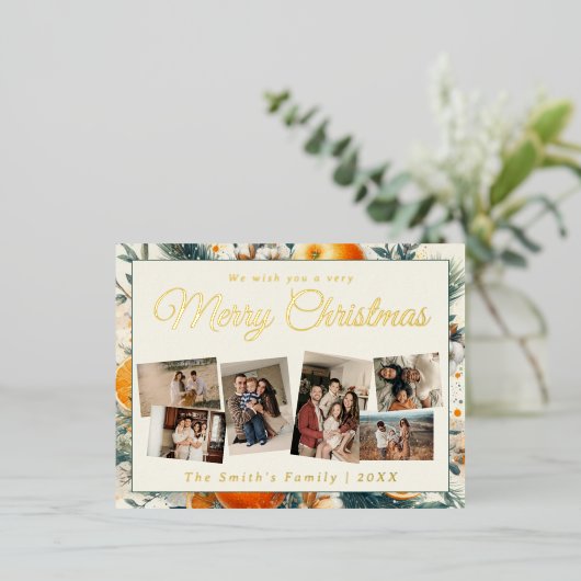 Kerst 6x foto  retro bloemig folie feestdagen briefkaart (Staand Voorkant)