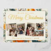 Kerst 6x foto  retro bloemig folie feestdagen briefkaart (Voorkant)