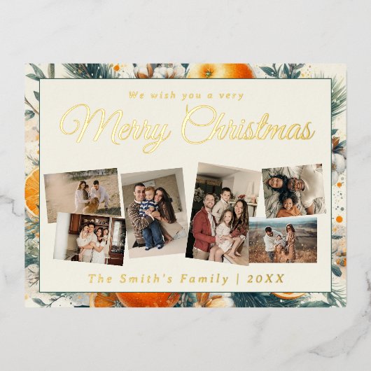 Kerst 6x foto  retro bloemig folie feestdagen briefkaart (Voorkant)