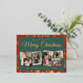 Kerst 6x foto  retro bloemig folie feestdagen briefkaart (Staand Voorkant)