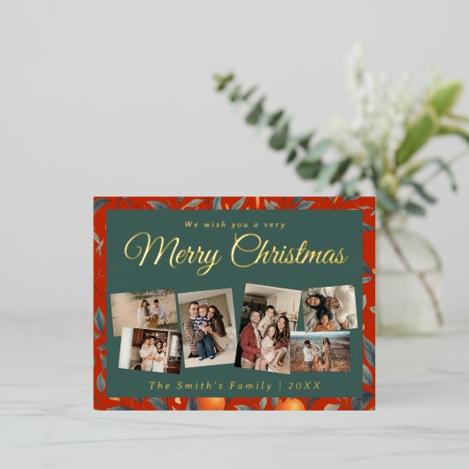 Kerst 6x foto  retro bloemig folie feestdagen briefkaart (Staand Voorkant)