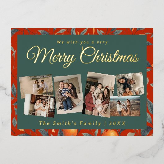 Kerst 6x foto  retro bloemig folie feestdagen briefkaart (Voorkant)