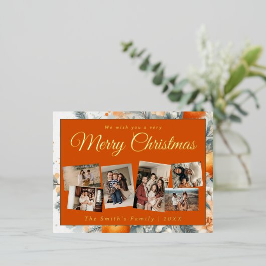 Kerst 6x foto retro bloemig folie feestdagen briefkaart (Staand Voorkant)