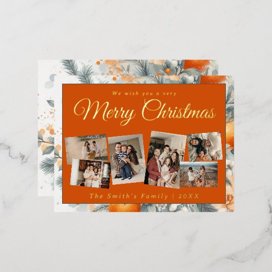 Kerst 6x foto retro bloemig folie feestdagen briefkaart (Voorkant / Achterkant)