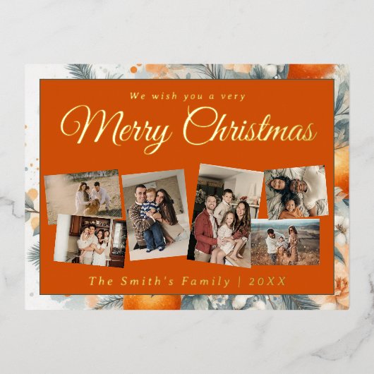 Kerst 6x foto  retro bloemig folie feestdagen briefkaart (Voorkant)