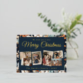 Kerst 6x foto  retro bloemig folie feestdagen briefkaart (Staand Voorkant)