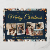 Kerst 6x foto  retro bloemig folie feestdagen briefkaart (Voorkant)