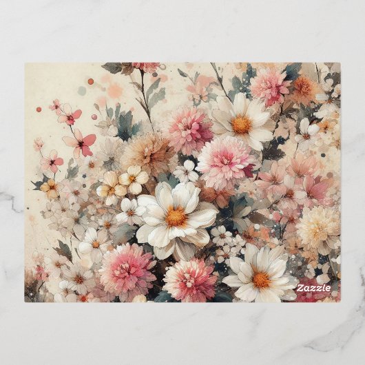 Kerst 6x foto  retro bloemig folie feestdagen briefkaart (Achterkant)