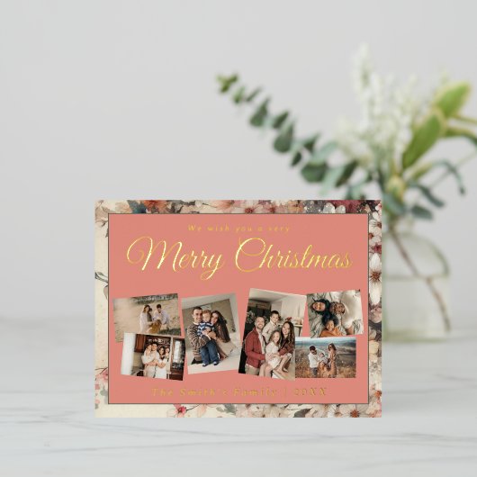 Kerst 6x foto  retro bloemig folie feestdagen briefkaart (Staand Voorkant)
