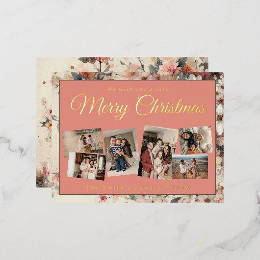 Kerst 6x foto  retro bloemig folie feestdagen briefkaart (Voorkant / Achterkant)