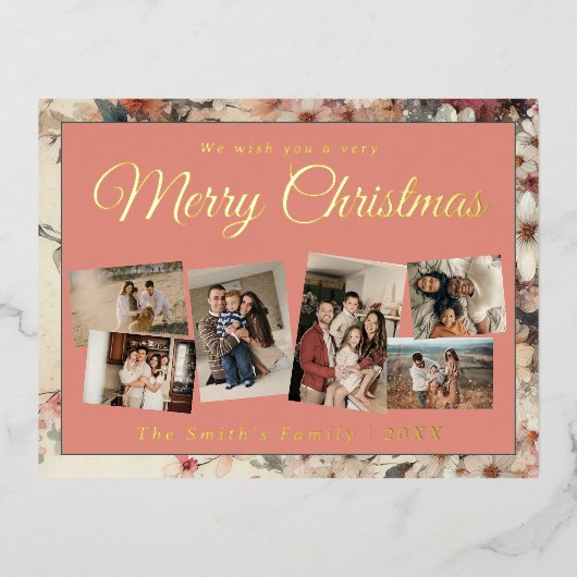 Kerst 6x foto  retro bloemig folie feestdagen briefkaart (Voorkant)