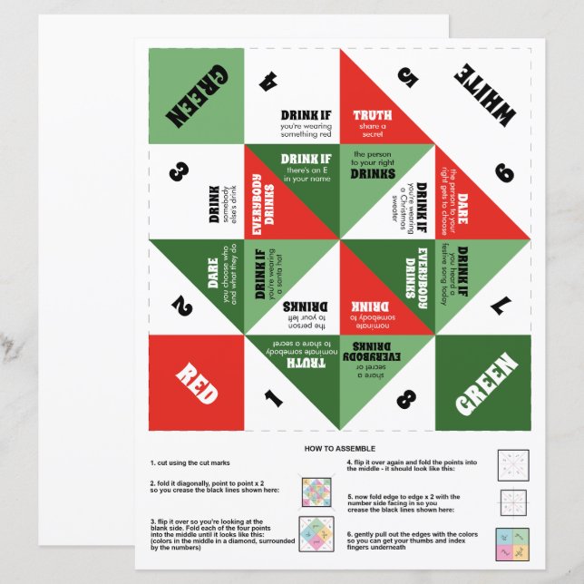 Kerst 90s Cootie Catcher Drink spel (Voorkant / Achterkant)