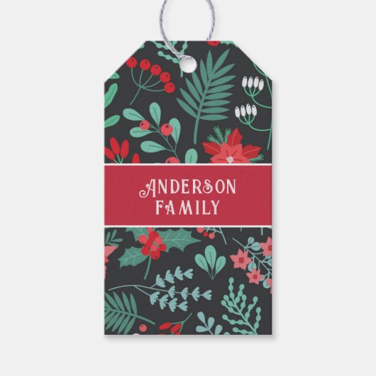 Kerst aangepaste familienaam bloempatroon cadeaulabel (Voorkant)
