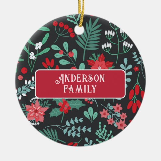 Kerst aangepaste familienaam bloempatroon keramisch ornament (Voorkant)