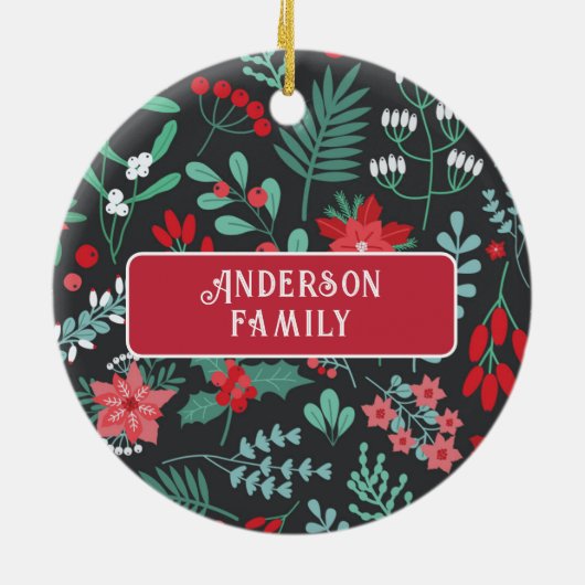 Kerst aangepaste familienaam bloempatroon keramisch ornament (Achterkant)
