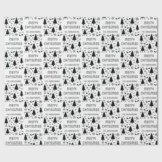 Kerst aangepaste familienaam zwart wit cadeaupapier (Vlak)