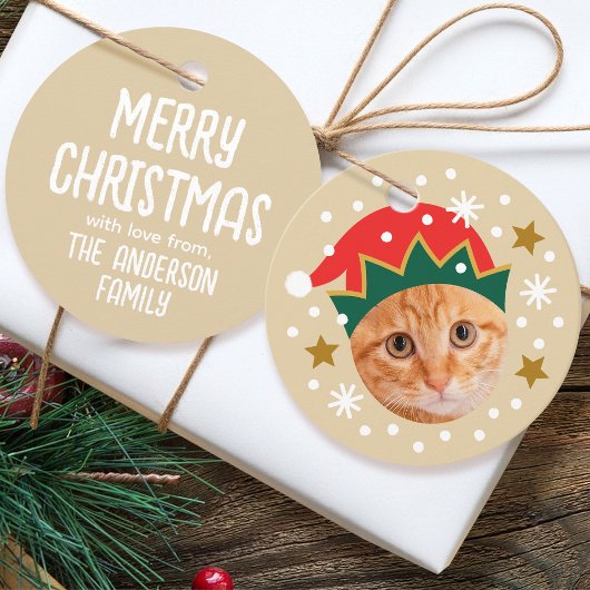 Kerst Aangepaste Foto Naam Funny Elf Beige Gift Bedankjes Labels