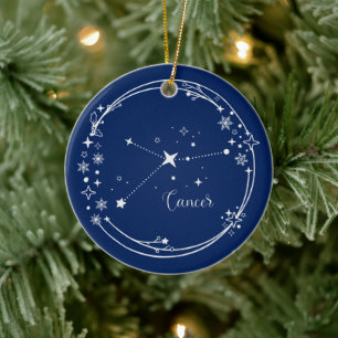 Kerst Aangepaste Naam Kanker Zodiak Blauw Zilver Keramisch Ornament