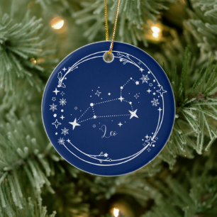 Kerst Aangepaste Naam Leo Zodiac Blue Silver Keramisch Ornament