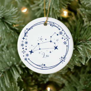 Kerst Aangepaste Naam Leo Zodiac Sign Blauw Keramisch Ornament