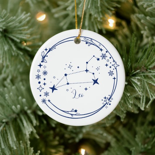 Kerst Aangepaste Naam Leo Zodiac Sign Blauw Keramisch Ornament (Boom)