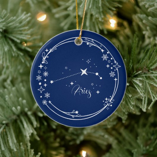 Kerst Aangepaste Naam Ram Zodiac Blauw Zilver Keramisch Ornament (Boom)