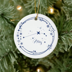 Kerst Aangepaste Naam Ram Zodiac Sign Stars Blauw Keramisch Ornament
