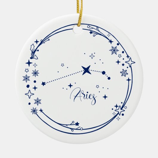 Kerst Aangepaste Naam Ram Zodiac Sign Stars Blauw Keramisch Ornament (Voorkant)