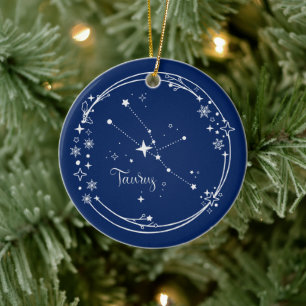 Kerst Aangepaste Naam Stier Zodiac Blauw Zilver Keramisch Ornament