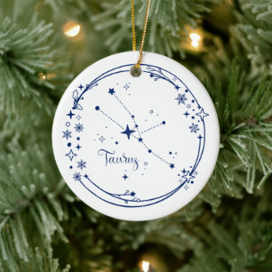 Kerst Aangepaste Naam Stier Zodiac Teken Blauw Keramisch Ornament