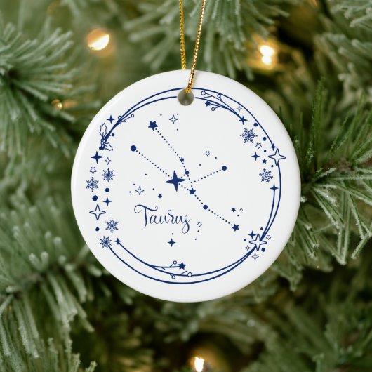 Kerst Aangepaste Naam Stier Zodiac Teken Blauw Keramisch Ornament (Boom)