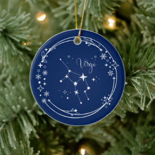 Kerst Aangepaste Naam Virgo Zodiac Blauw Zilver Keramisch Ornament