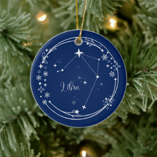 Kerst Aangepaste Naam Weegschaal Zodiac Blauw Zilv Keramisch Ornament