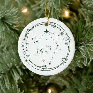 Kerst Aangepaste Naam Weegschaal Zodiac Sign Groen Keramisch Ornament
