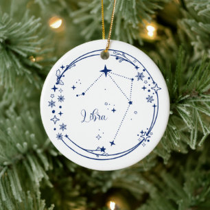 Kerst Aangepaste Naam Weegschaal Zodiac Teken Blau Keramisch Ornament