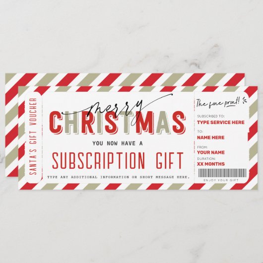 Kerst Abonnement SERVICE Cadeaubon Kaart (Voorkant / Achterkant)