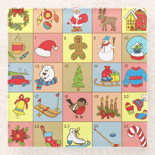 Kerst Advent: Doodle Element Collectie Glazen Onderzetter (Voorkant)