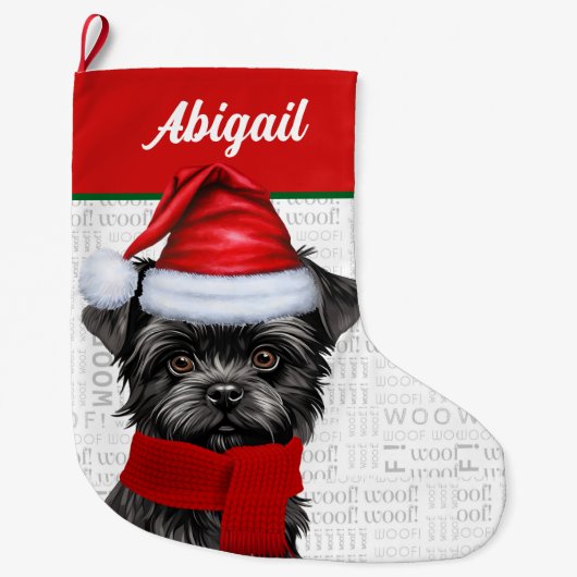 Kerst Affenpinscher Hond Naam Woof Achtergrond Grote Kerstsok (Voorkant)