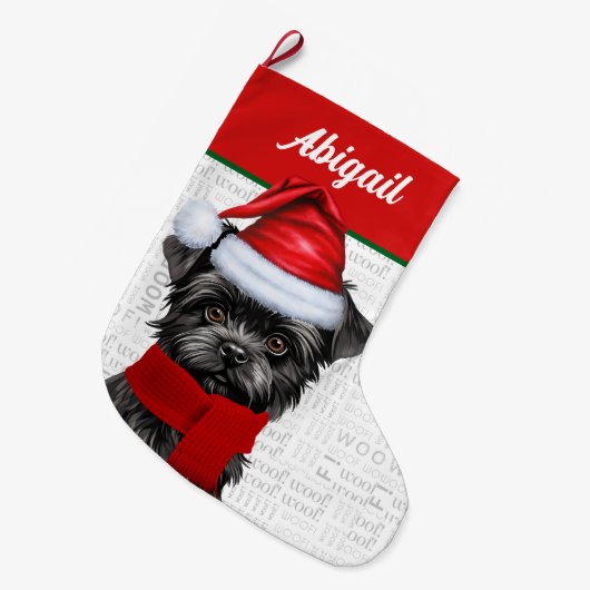 Kerst Affenpinscher Hond Naam Woof Achtergrond Grote Kerstsok (Voorkant (Hangend))