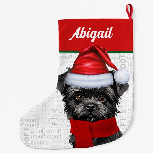 Kerst Affenpinscher Hond Naam Woof Achtergrond Grote Kerstsok (Achterkant)
