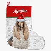 Kerst Afghaanse Hound Dog Naam Woof Achtergrond Grote Kerstsok (Voorkant)