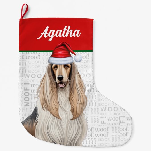 Kerst Afghaanse Hound Dog Naam Woof Achtergrond Grote Kerstsok (Voorkant)