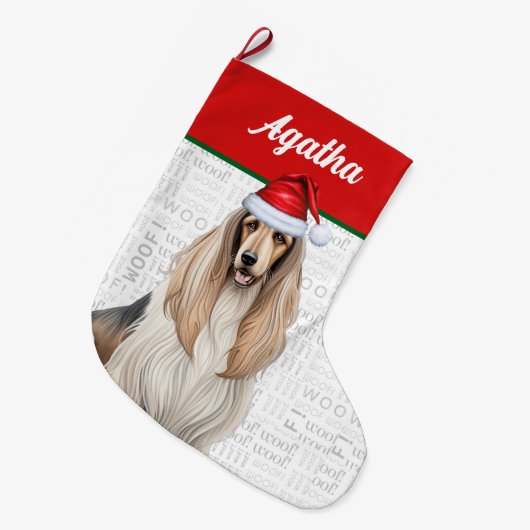 Kerst Afghaanse Hound Dog Naam Woof Achtergrond Grote Kerstsok (Voorkant (Hangend))