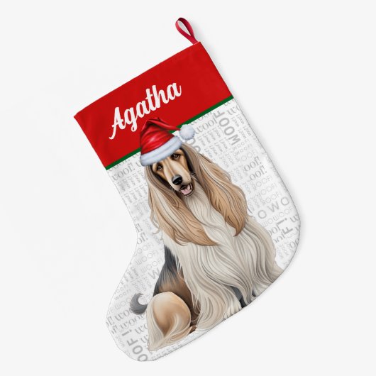 Kerst Afghaanse Hound Dog Naam Woof Achtergrond Grote Kerstsok (Achterkant (Hangend))