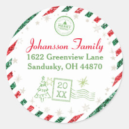 Kerst  Air Mail Glitter Adres Ronde Sticker