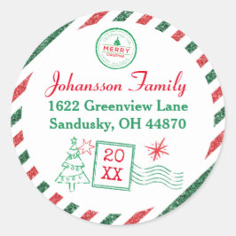 Kerst  Air Mail Glitter Adres Ronde Sticker