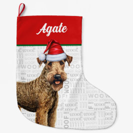 Kerst Airedale Terrier Naam Woof Achtergrond Grote Kerstsok